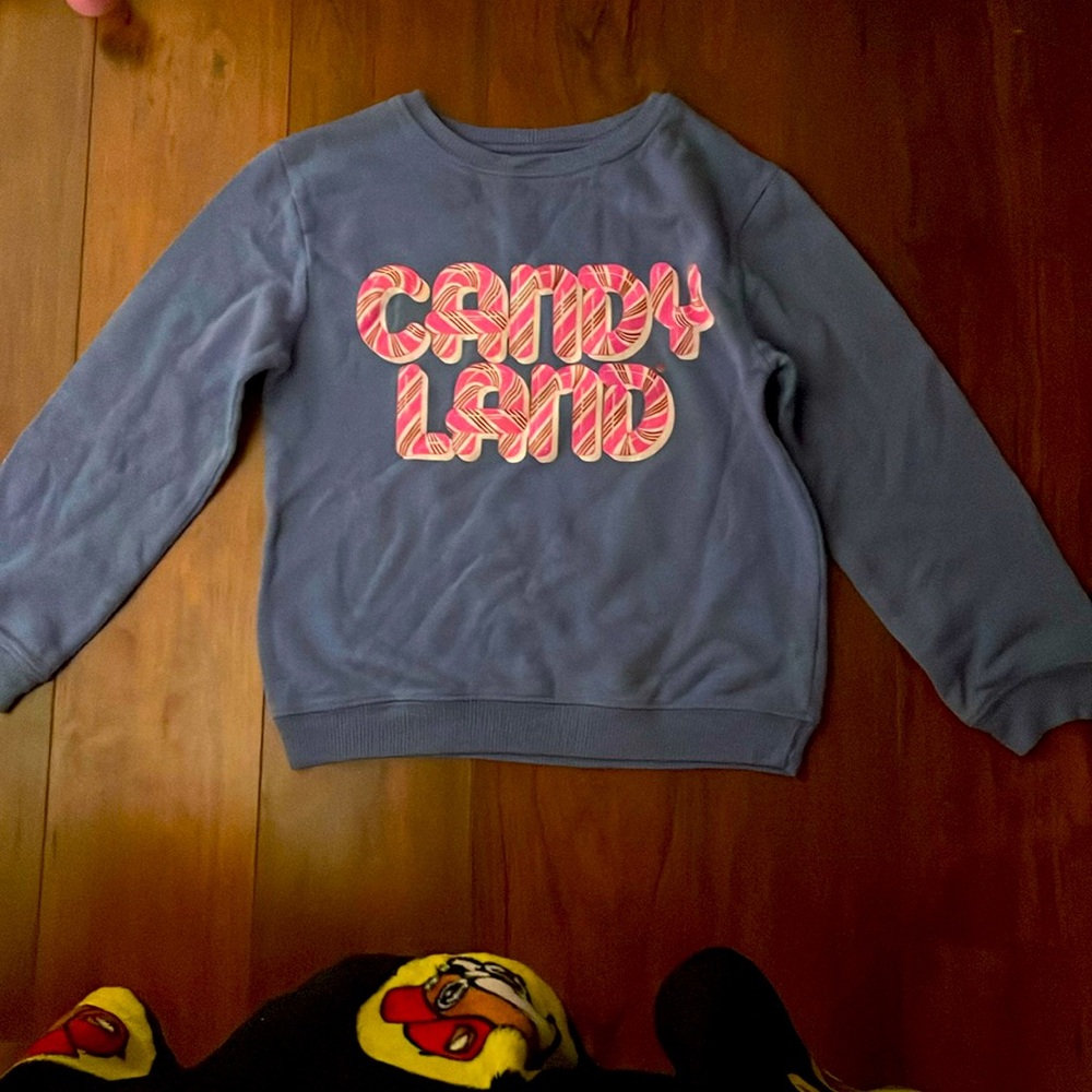 Blue, says candy land in pink, long sleeve hoodie,the bottom stretches.